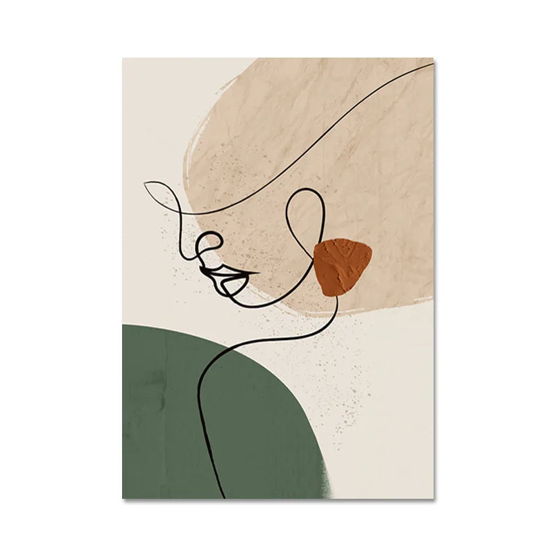 Abstract line art of a face on a beige background with green and brown elements