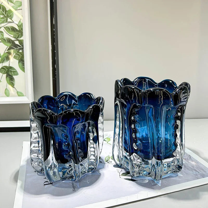 Deep blue sculpted glassvasea,se small, 10cm height, 12cm width