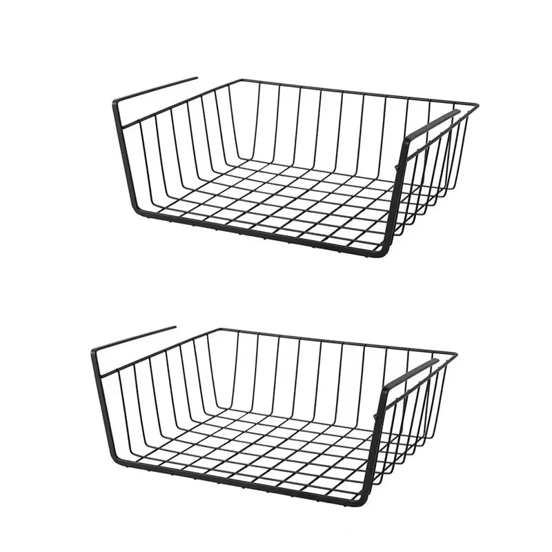 Two black wire baskets with measurements on a white background