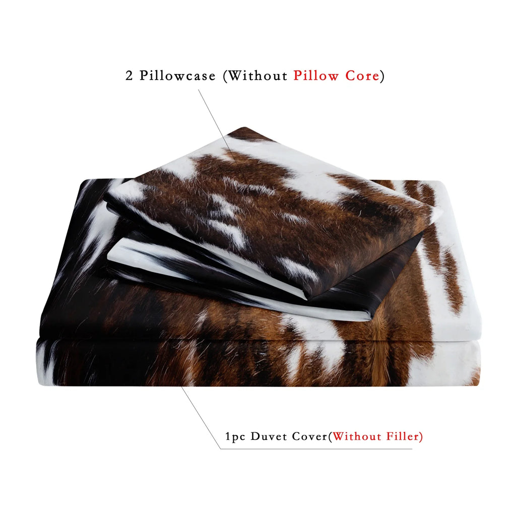 Brown, black, and white cow-print 3-piece bedding set with matching pillowcases in a neutral bedroom.