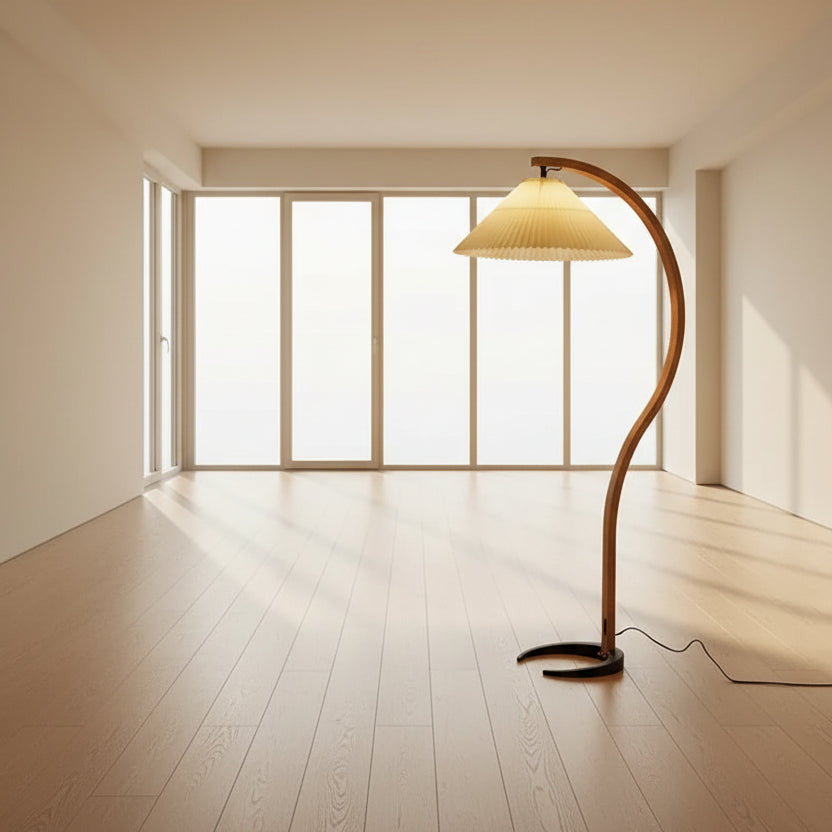 Curved beechwood floor lamp with beige pleated shade 150cm