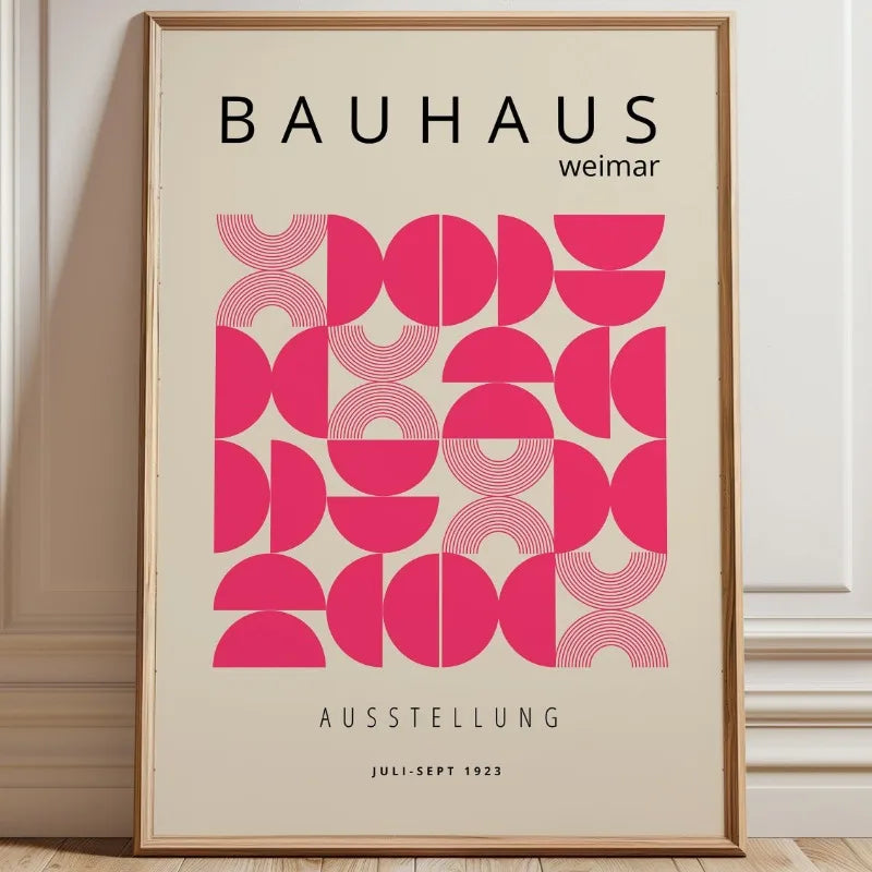 Bauhaus abstract print with bright pink semicircle pattern and curved line details on a warm neutral background