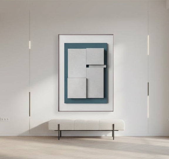 Modern wall art piece with geometric design on a white background