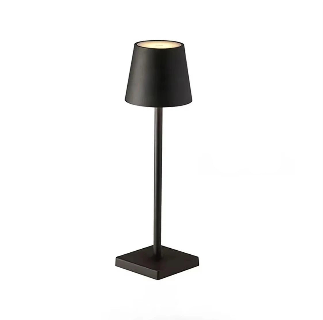 Black table lamp with a square base on a white background