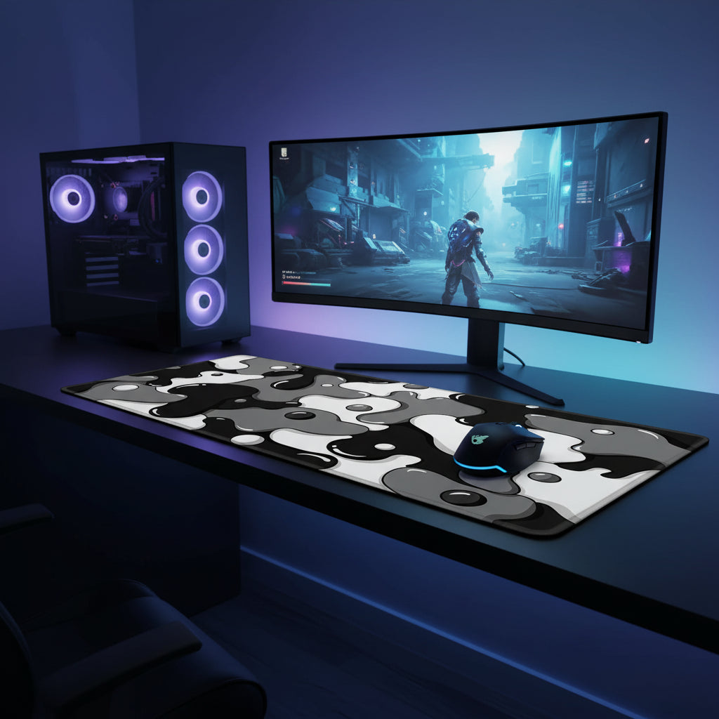 Black, white and grey abstract gaming mouse pad measuring 60 x 40cm.