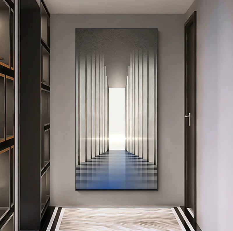 A wall light panel with columns fading into a soft blue-lit floor