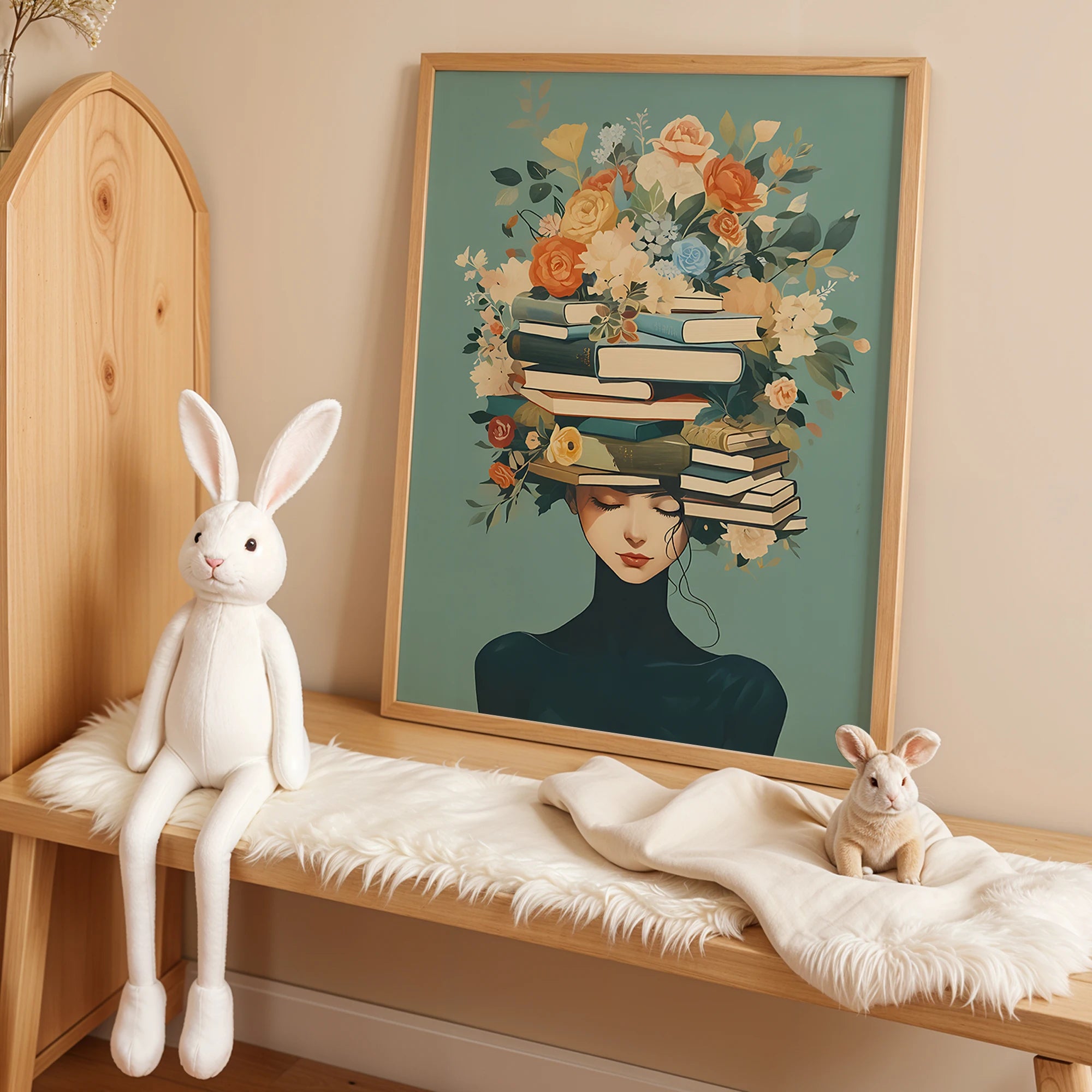 Canvas print of a serene woman with stacked books and floral crown on a teal background