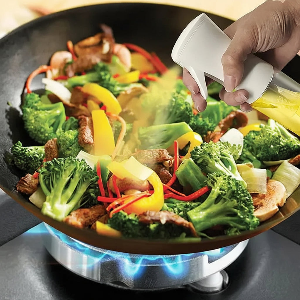 Sprayer over stir-fry with text about mist control