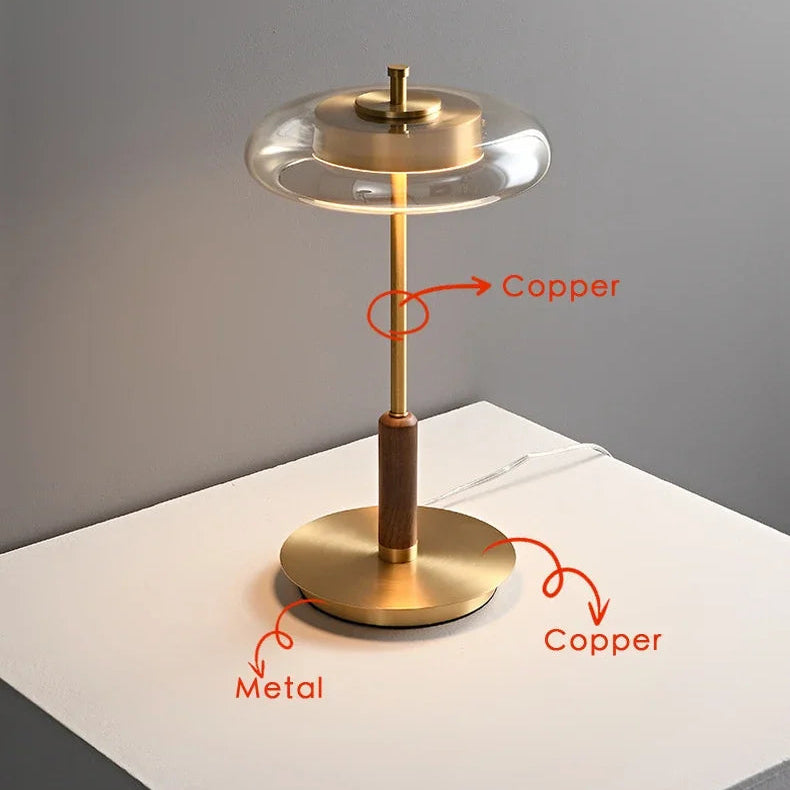 Modern copper and glass table lamp with a clear halo shade – 40.5cm height