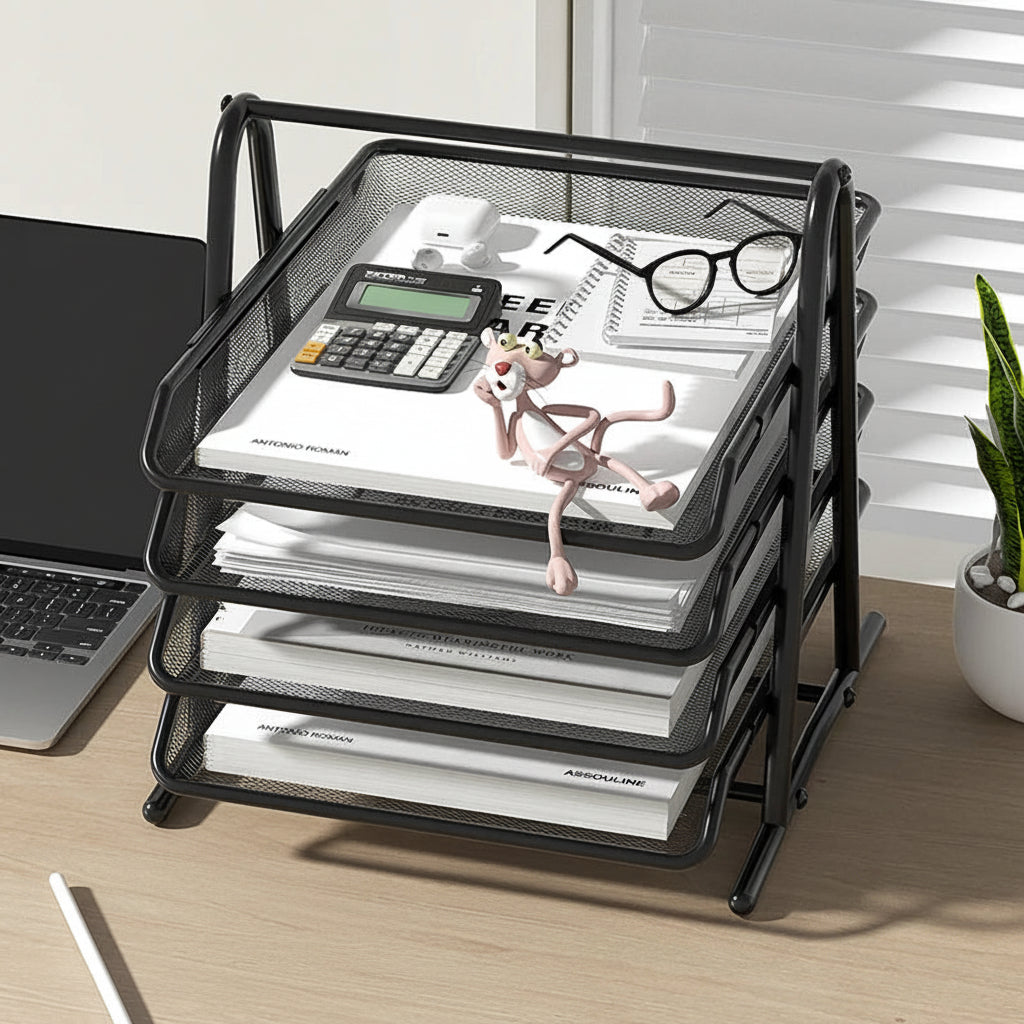 Multi-tier black metal desk organiser holding books and documents