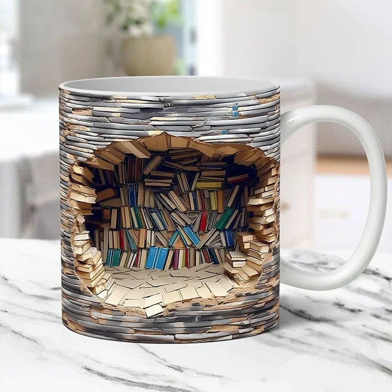 Mug with a 3D design of a bookshelf filled with books on a marble surface.
