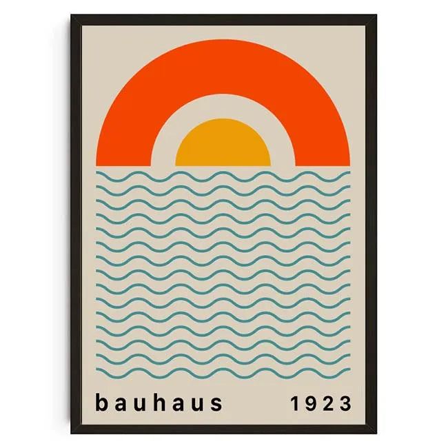 Poster with a retro design featuring a sun and waves, labeled 'bauhaus 1923' on a beige background.