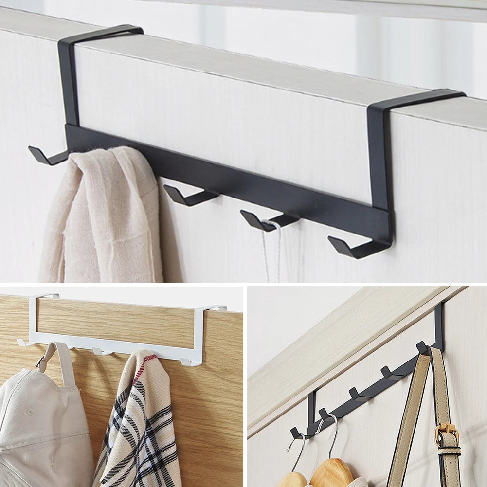 Door-mounted metal rack with hooks on a white background