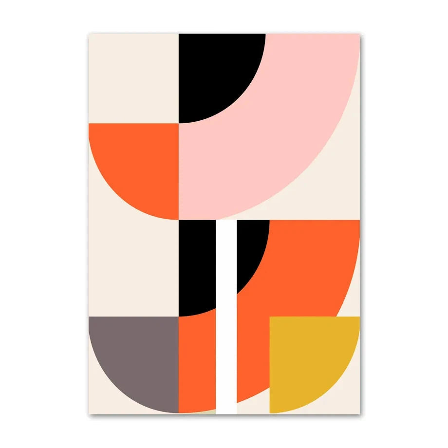 Geometric arc canvas print with oversized curved blocks in blush pink, orange, black, mustard, and taupe