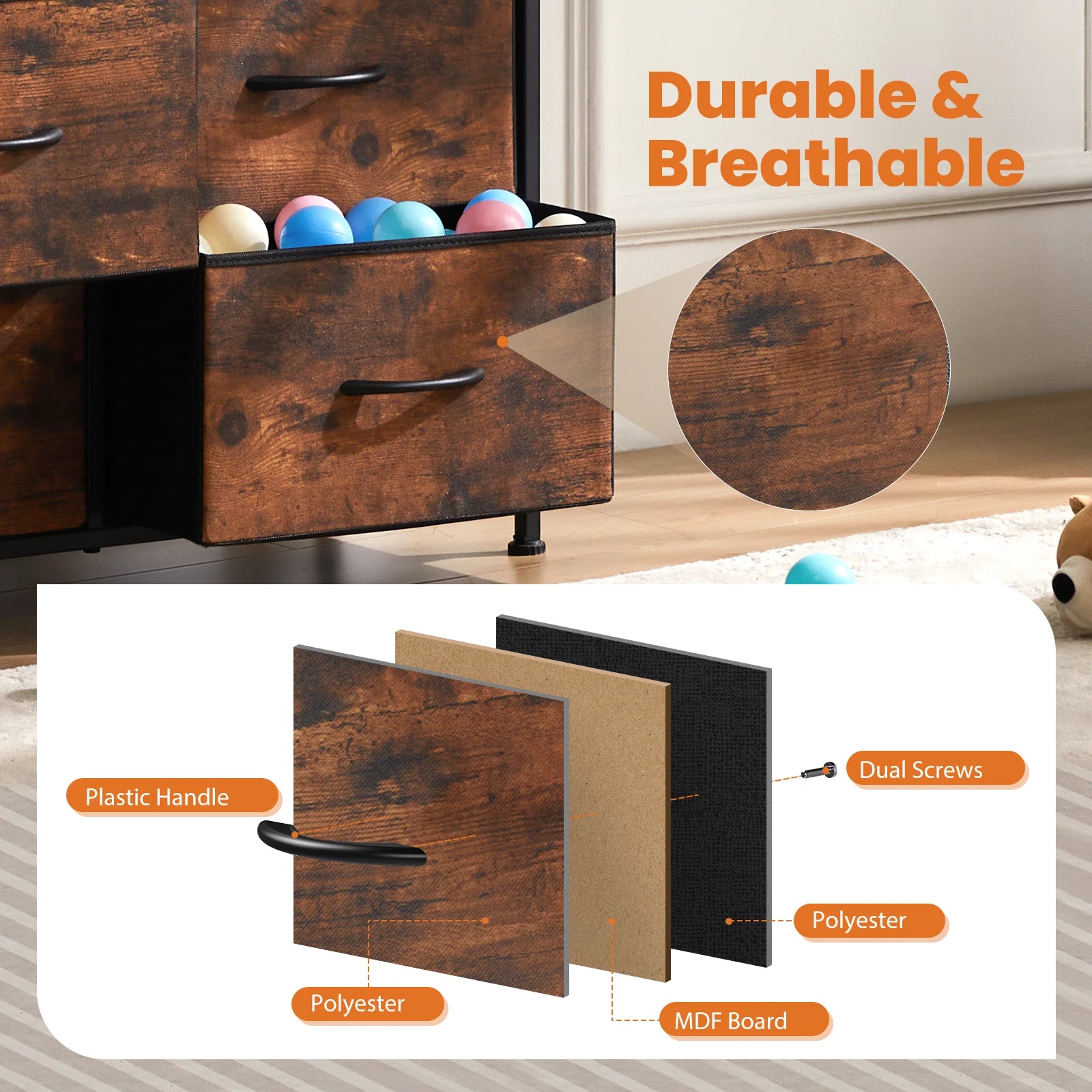 Wooden drawer with colorful balls inside, showing durability and breathable properties.