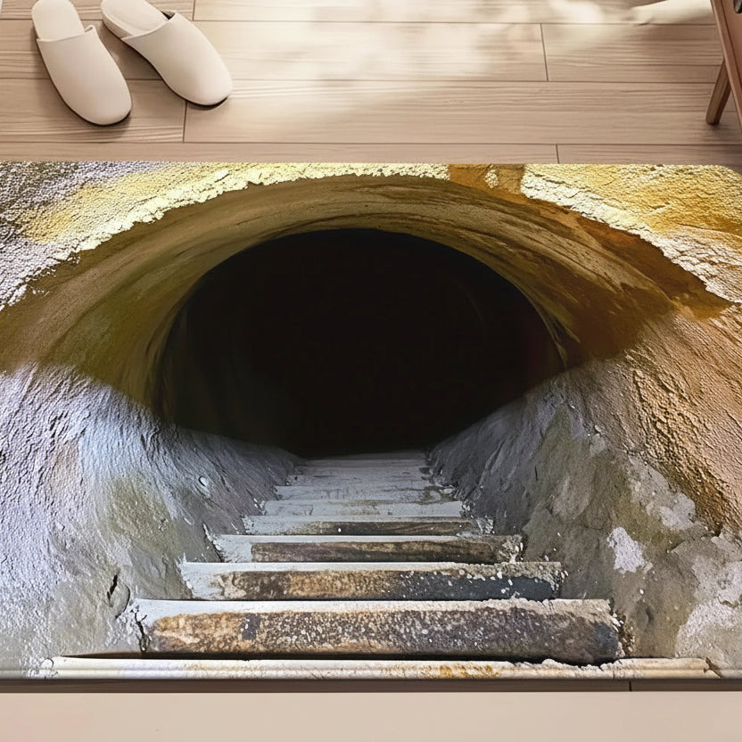3D optical illusion floor mat showing an underground tunnel entrance with stairs descending