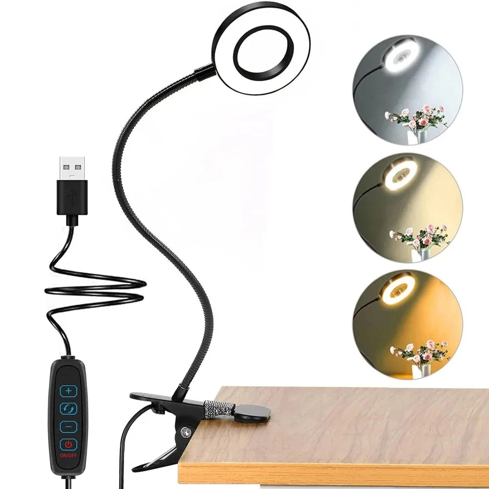 Flexible USB light with adjustable head and remote control on a white background