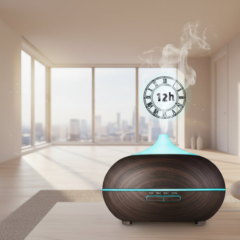 Diffuser with a woman sleeping in the background, emphasizing 12-hour fragrance duration.