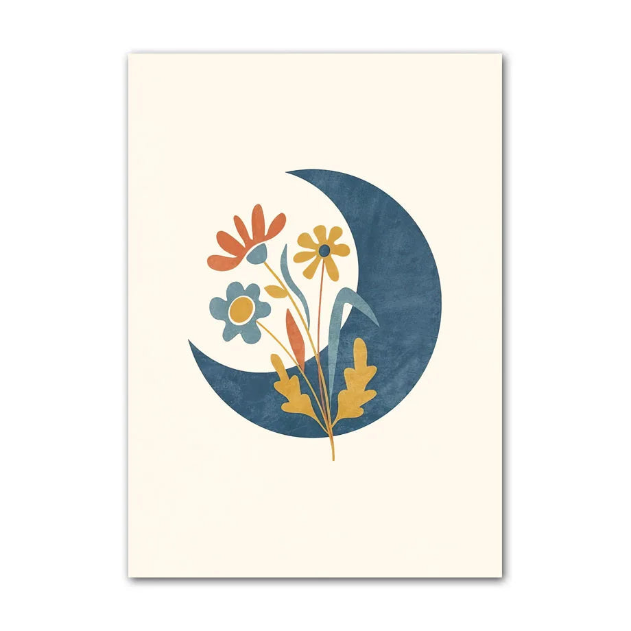 Minimal floral moon canvas print with blue crescent and small colourful botanical shapes