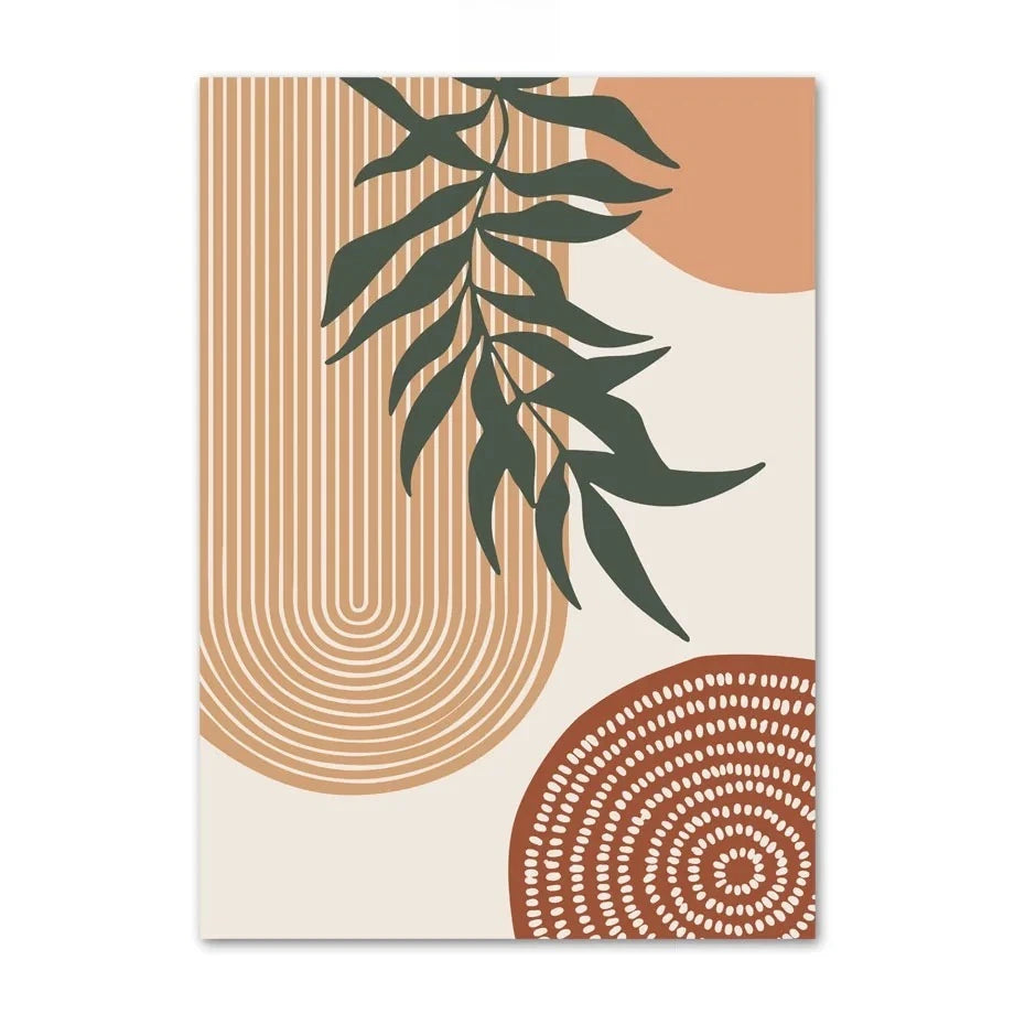 Decorative poster with abstract patterns and green leaves on a beige background