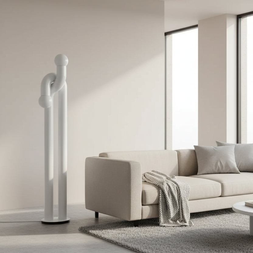 White sculptural floor light fixture with glass globe shades, 158cm