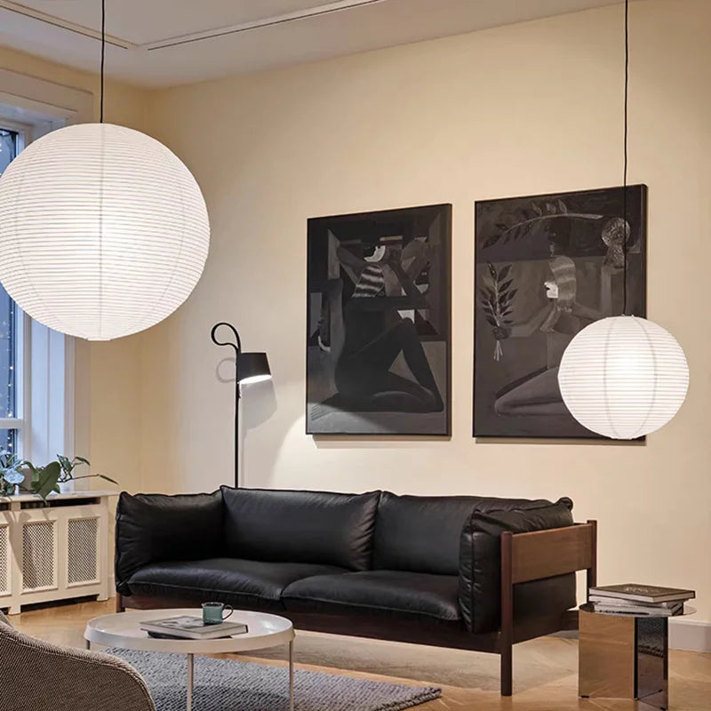 Modern living room with Japanese round lampshades