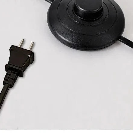 Close-up of the black floor lamp button switch and power plug