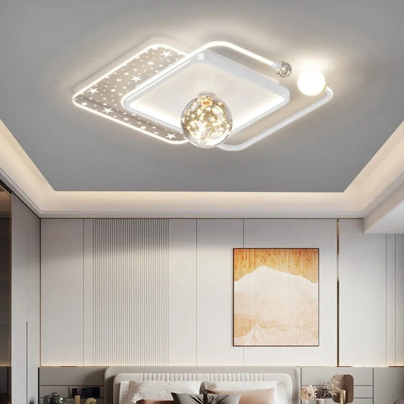 White square double-frame LED ceiling light with star panel and crystal globe detail, 52×52cm