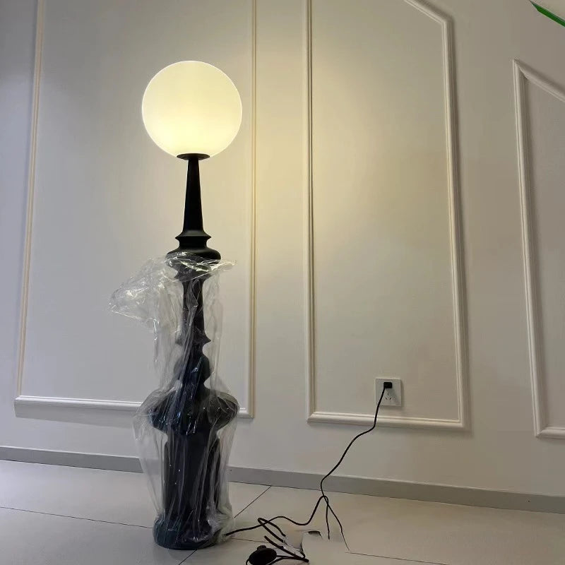 Black globe floor lamp with totem base, frosted shade, D30cm x H136cm, E27 LED