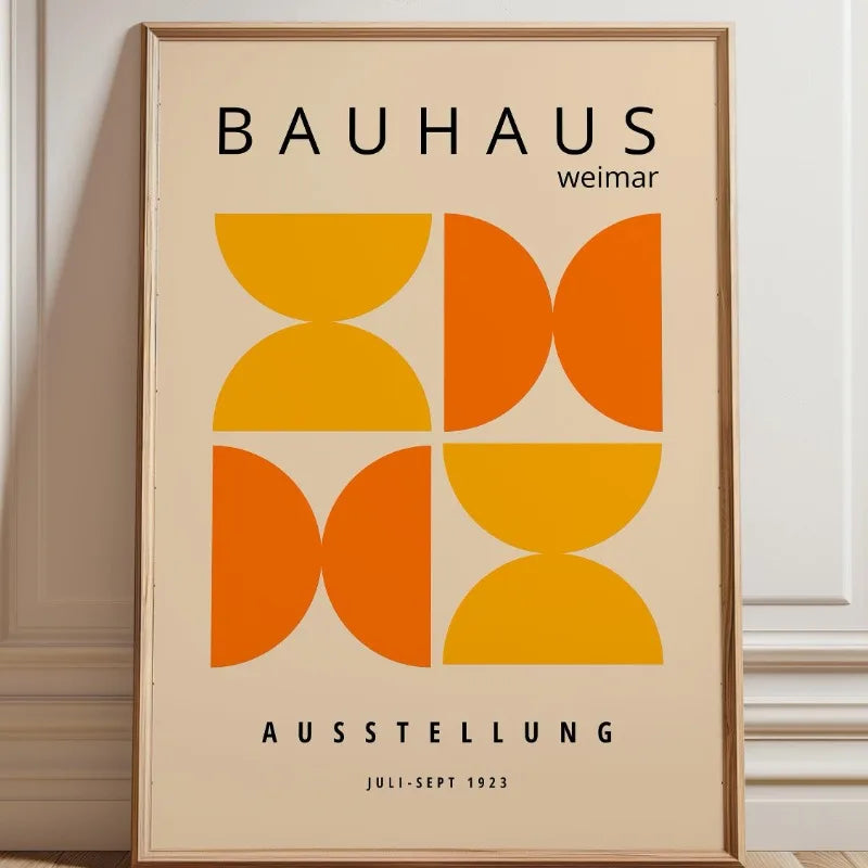 Bauhaus geometric wall art with mustard and orange half-circle forms on cream cotton canvas