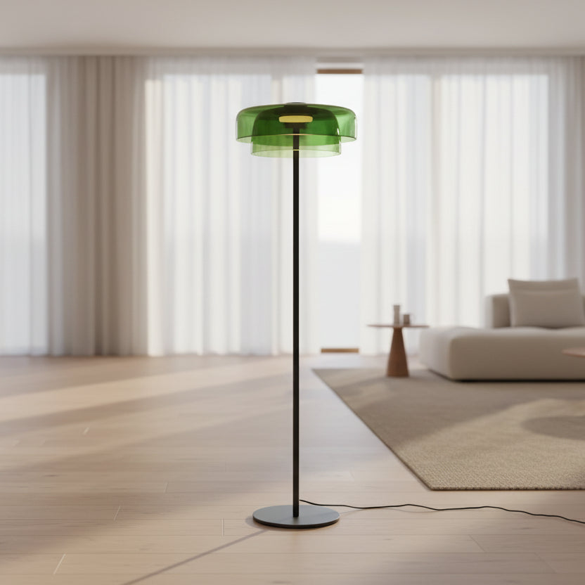 Modern mushroom floor lamp with a double-layered emerald-green glass shade and a black stainless steel frame, 145cm high.