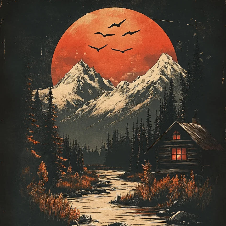 Art piece featuring a large red moon behind snowy peaks with a lit cabin by a stream.