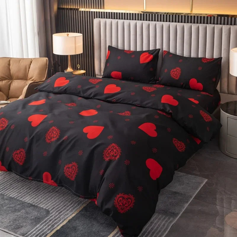 Black bedding set with red heart print and matching pillowcases