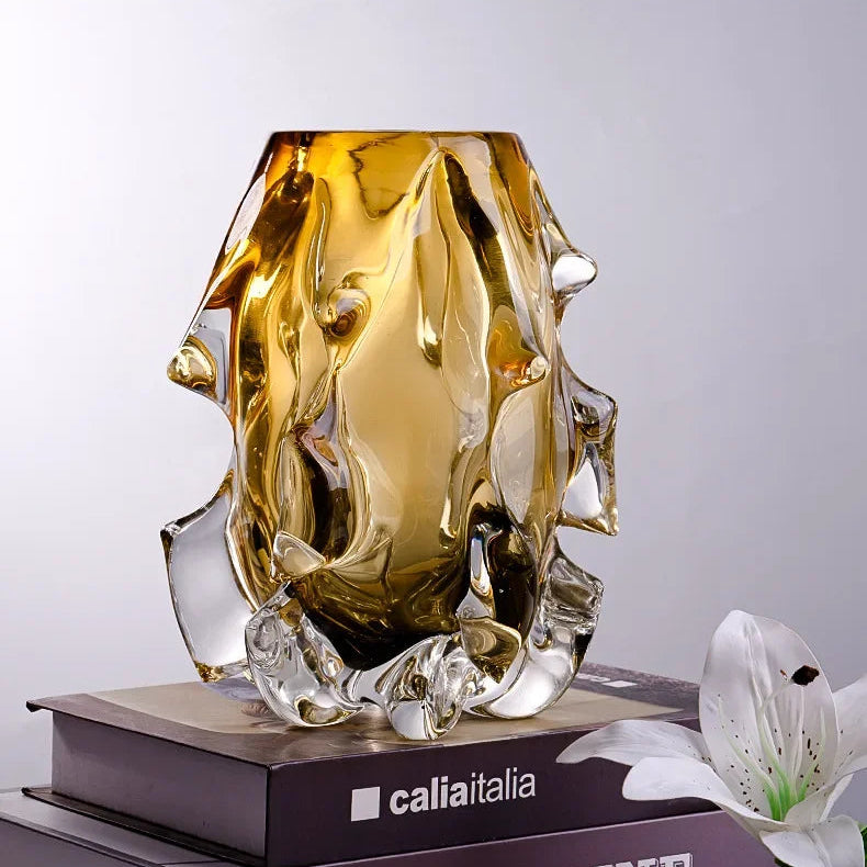 Small 21.5cm thick crystal glass vase featuring an organic molten silhouette.