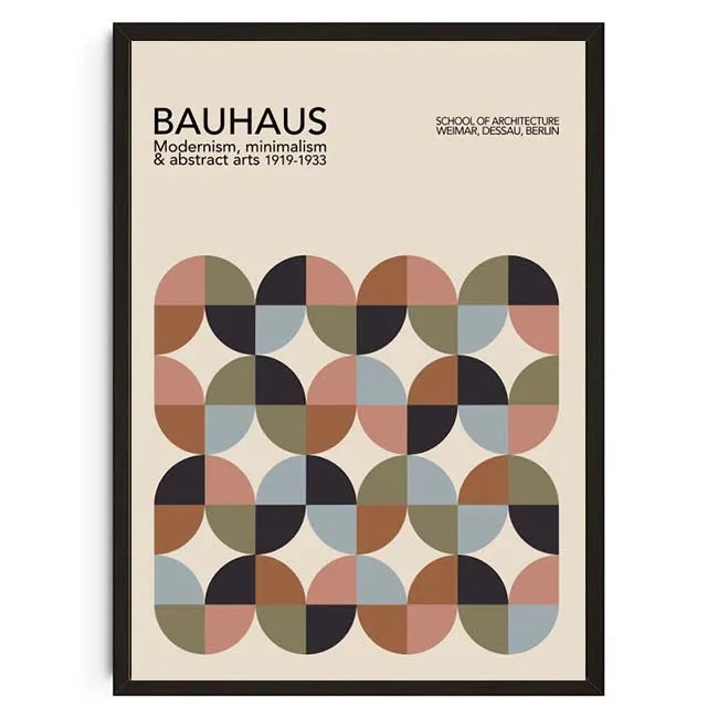 Framed poster with Bauhaus design and geometric circle pattern on a beige background