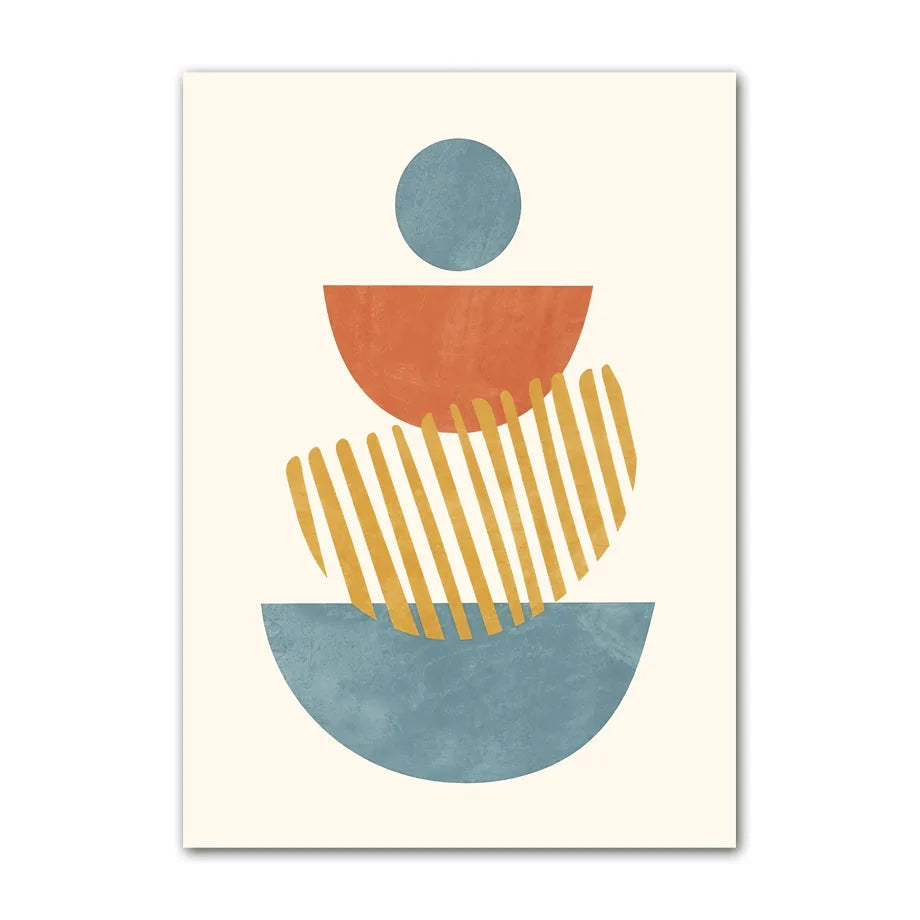 Geometric canvas print with stacked blue and terracotta semicircles and mustard striped form