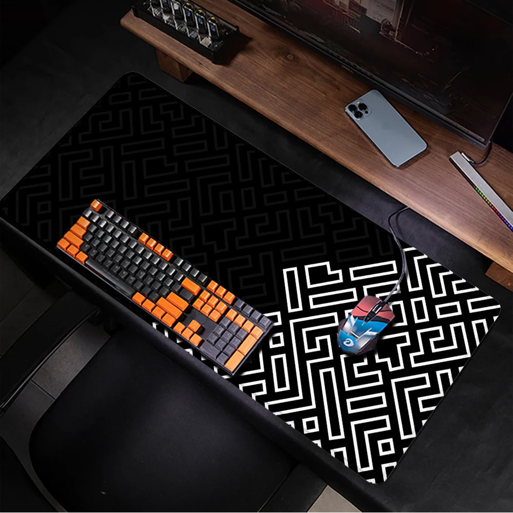 Black extended mouse pad with white geometric maze design