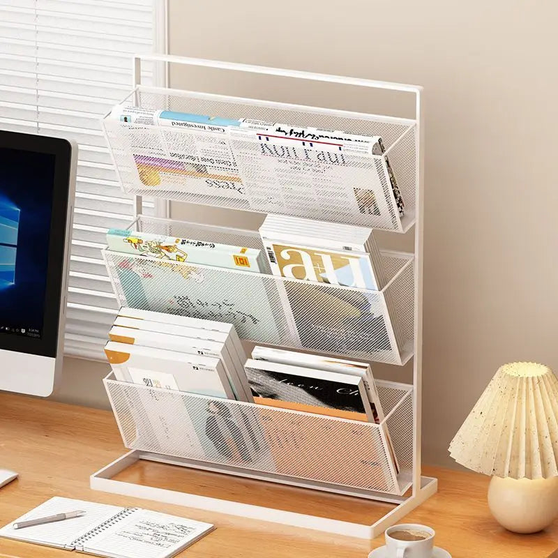 White tiered metal mesh rack, 44cm, styled with books on a desktop