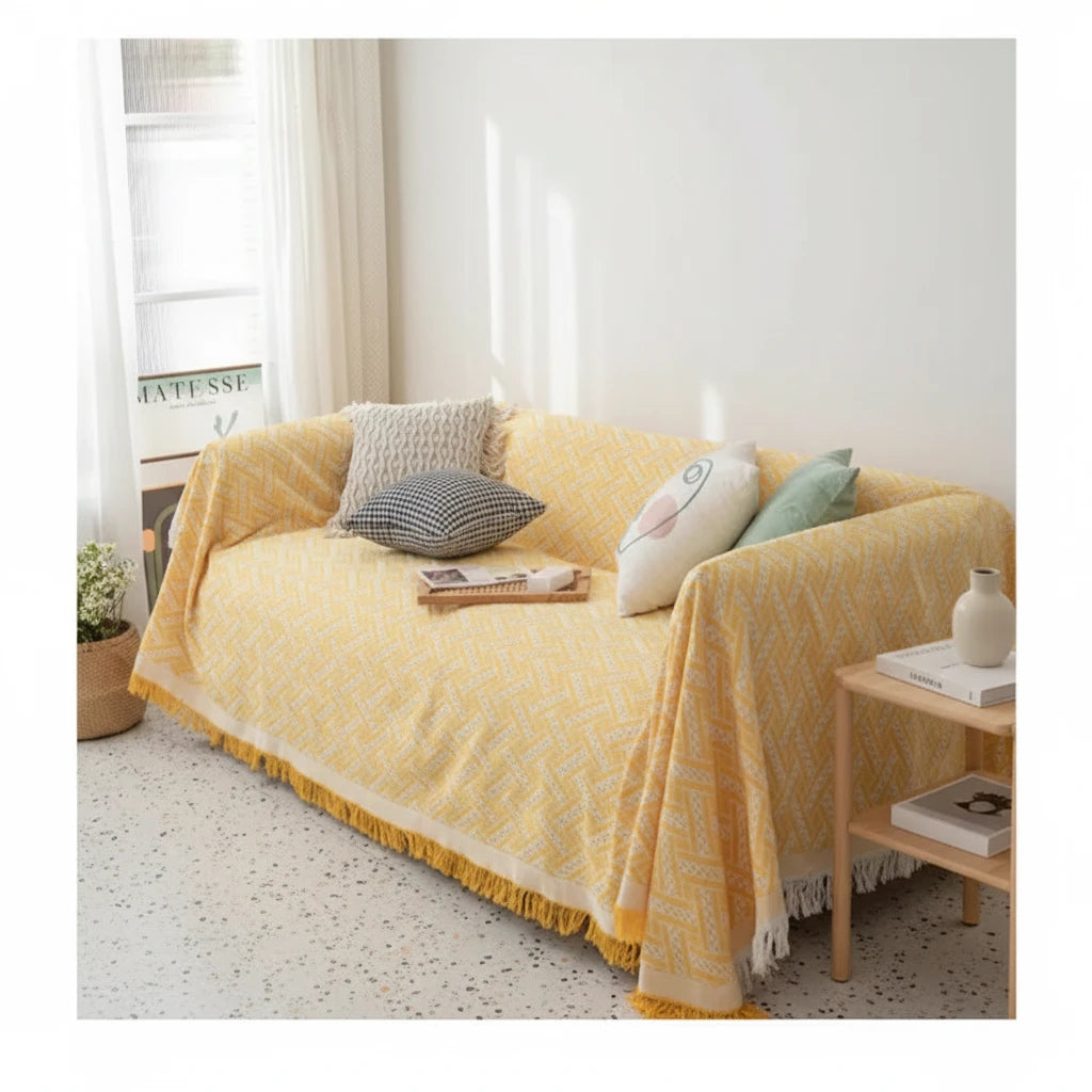 Soft yellow sofa cover draped over a small couch with cosy cushions