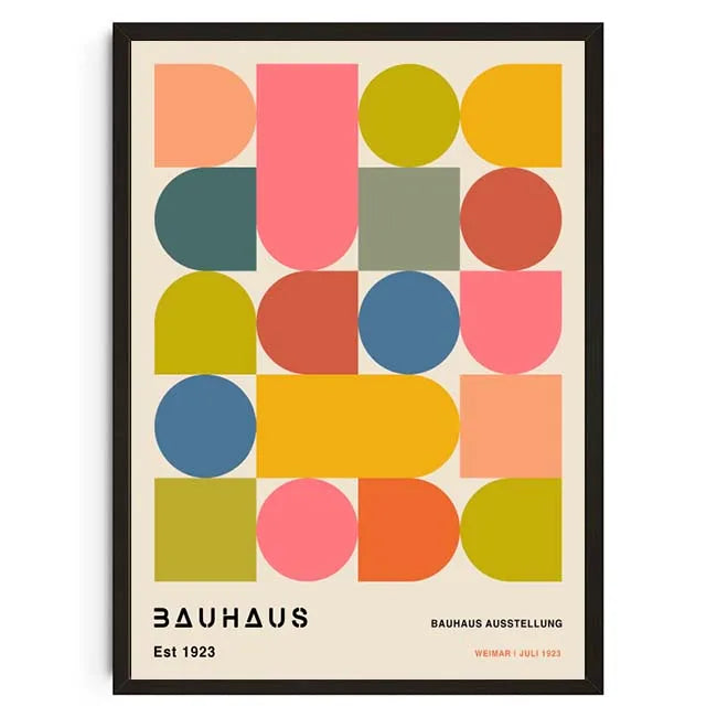 Framed poster with geometric shapes and Bauhaus branding on a beige background
