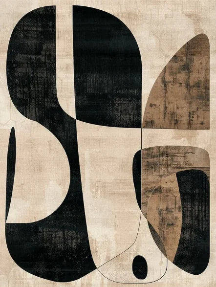 Abstract art with black and brown shapes on a textured beige background