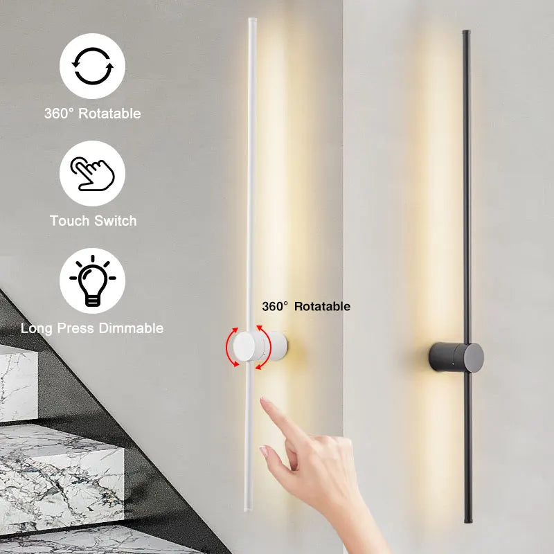 Wall-mounted light fixture with touch switch and dimming controls on a neutral background