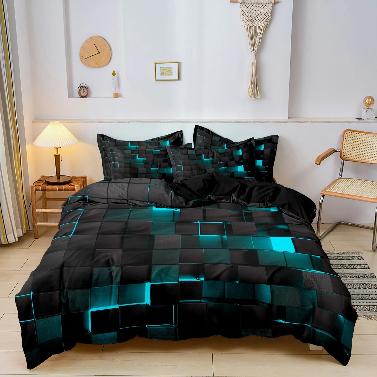 Black bedding set with aqua geometric block 3D print and matching pillowcases