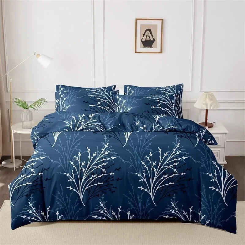 Deep blue bedding set with white botanical branch pattern