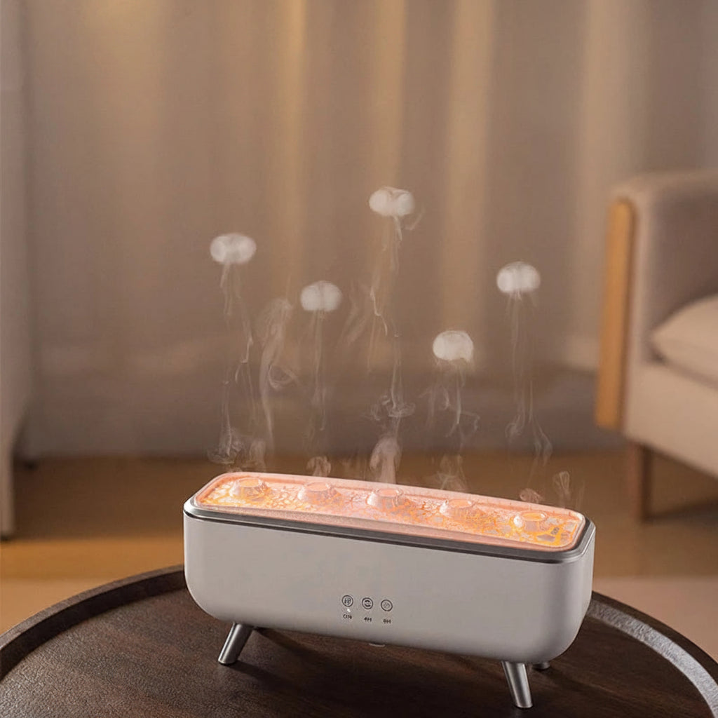 Jellyfish-shaped mist humidifier on a table with a blurred background