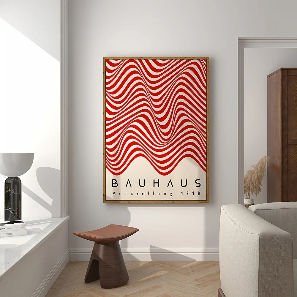 Bauhaus-themed poster with red and white wavy design in a modern interior setting.