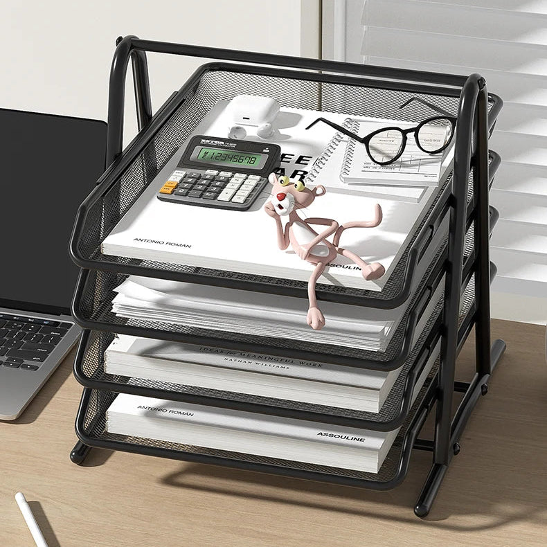 Black 4-tier metal document tray with open mesh shelves and size measurements.