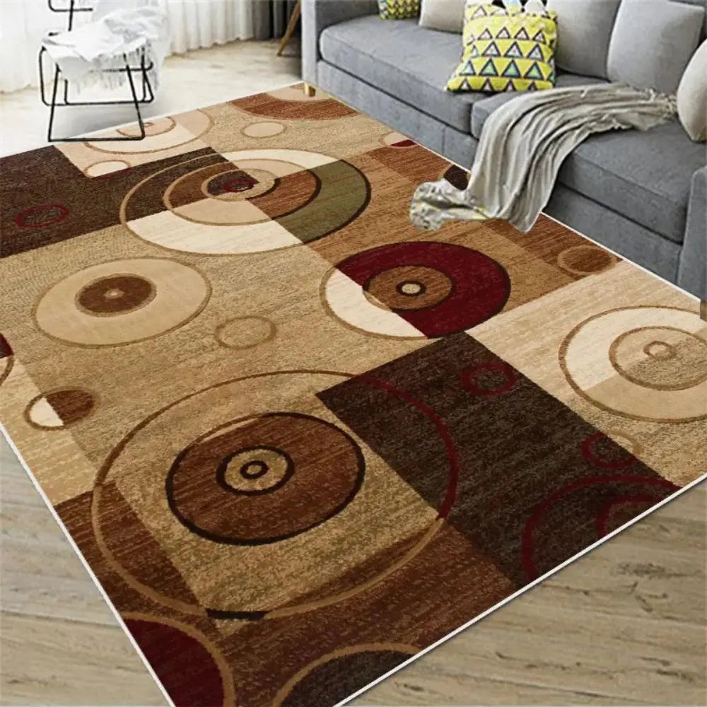Brown, beige, and red Nordic geometric rug with a circular pattern.