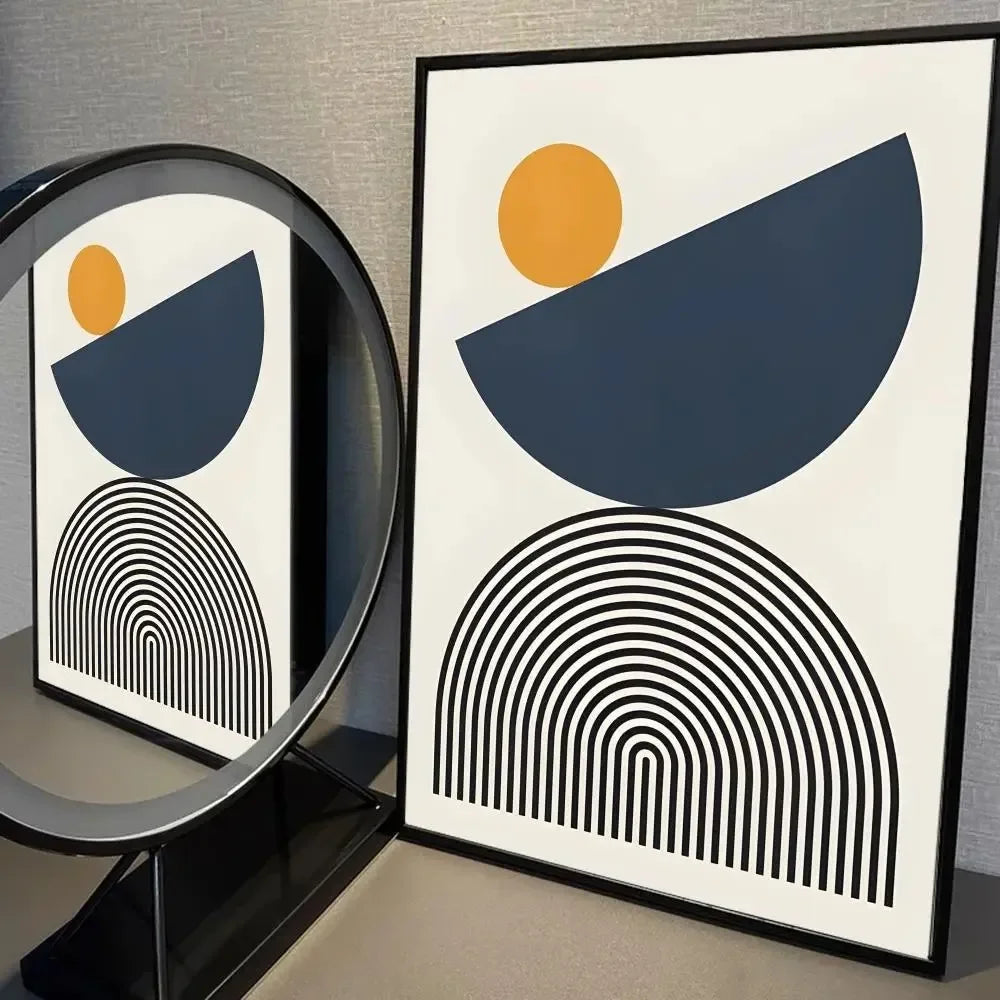 Abstract modern canvas featuring a black semi-circle base and layered arch lines with taupe accent