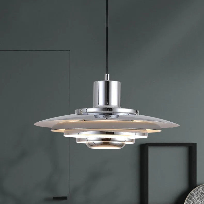 Silver aluminium pendant light with 47cm layered shade and modern disc design